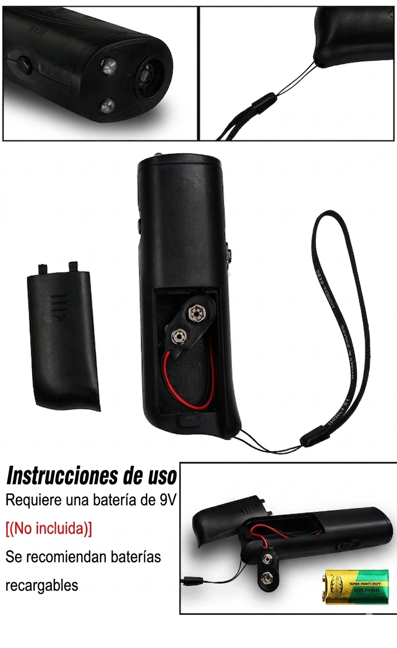 Entrenador y Repelente Ultrasónico Mascotaza – Doble Cabezal, Linterna LED y Láser de Entrenamiento