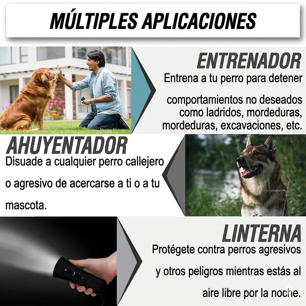 Entrenador y Repelente Ultrasónico Mascotaza – Doble Cabezal, Linterna LED y Láser de Entrenamiento