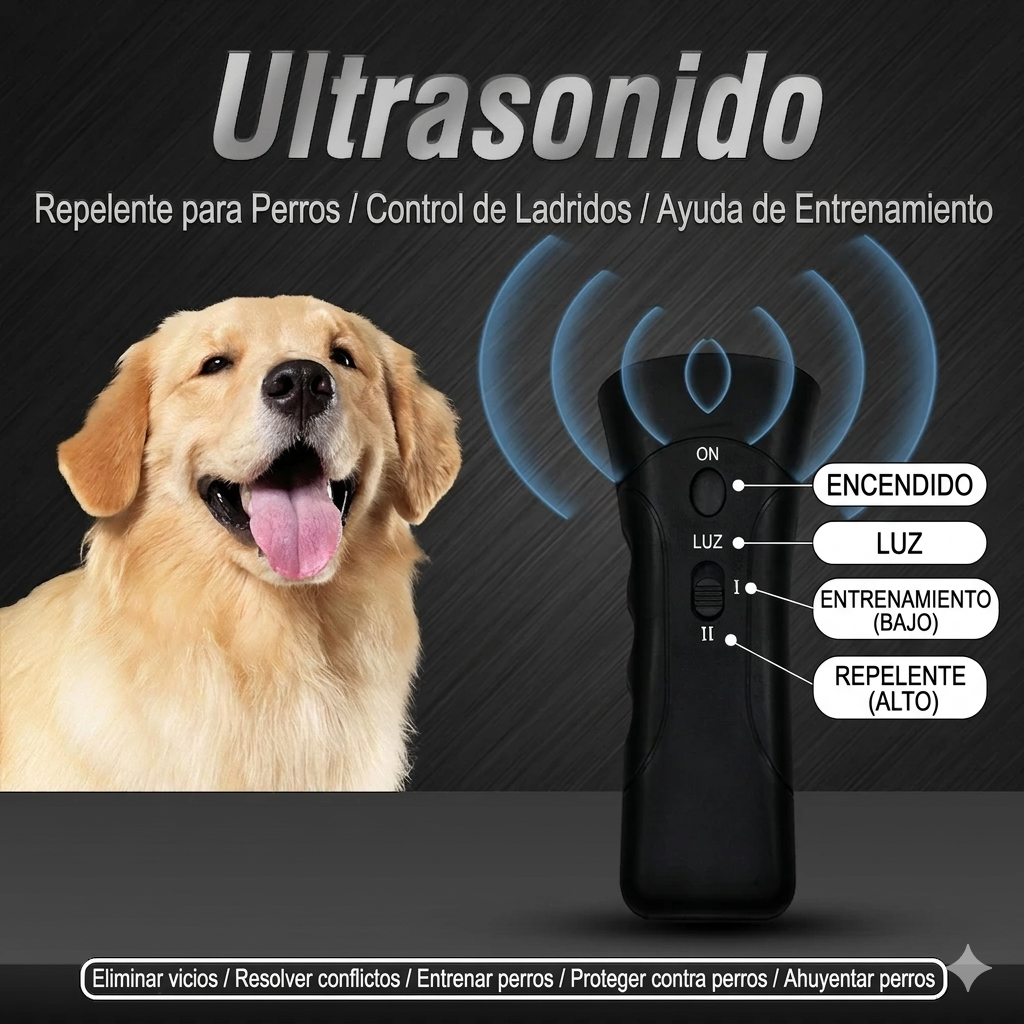 Entrenador y Repelente Ultrasónico Mascotaza – Doble Cabezal, Linterna LED y Láser de Entrenamiento