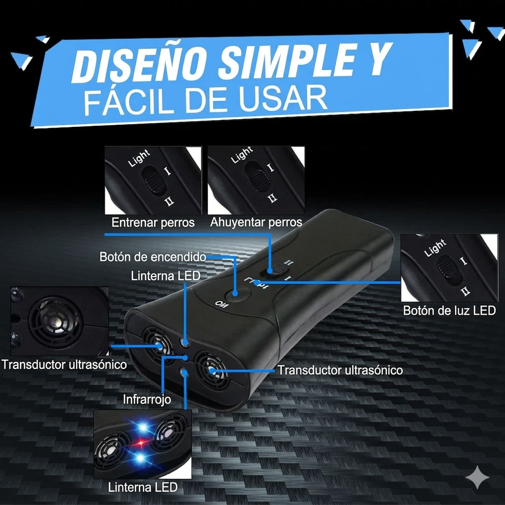 Entrenador y Repelente Ultrasónico Mascotaza – Doble Cabezal, Linterna LED y Láser de Entrenamiento