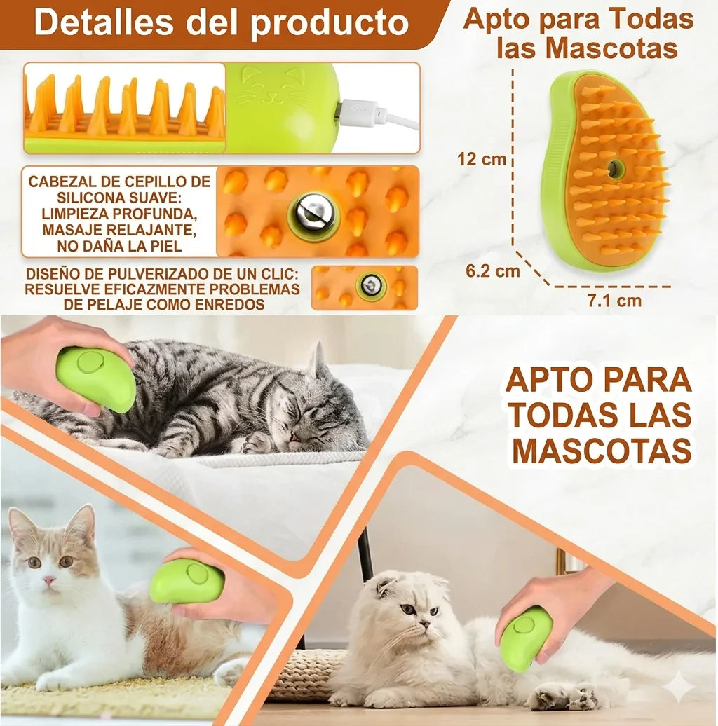 Cepillo De Vapor  3-En-1 – Adiós a Los Pelos Voladores, Masajeador Y Limpiador Para Perros Y Gatos